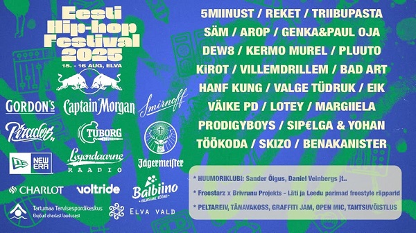 15. ja 16. augustil Elvas toimuv Eesti Hip-Hop Festival toob edetabelite tipud, peltareivi ja Huumoriklubi